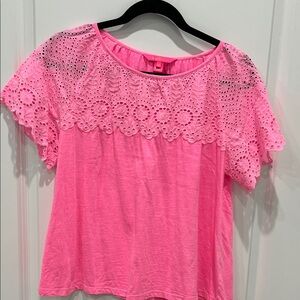 Lilly Pulitzer Bright Pink Eyelet Lace Yoke Short Sleeve Top